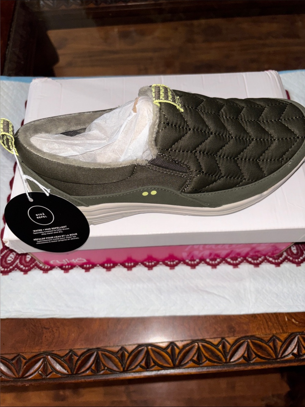 Ryka WoMen's Olive Quilted Slip-On Shoe with Neon Accent